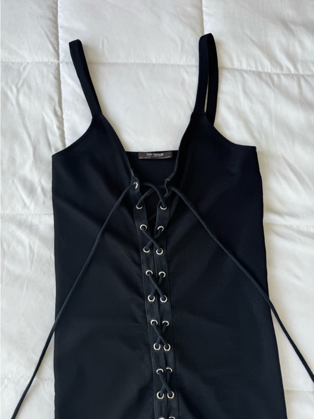 Zara Trafaluc Black Lace-Up Ribbed Midi Dress